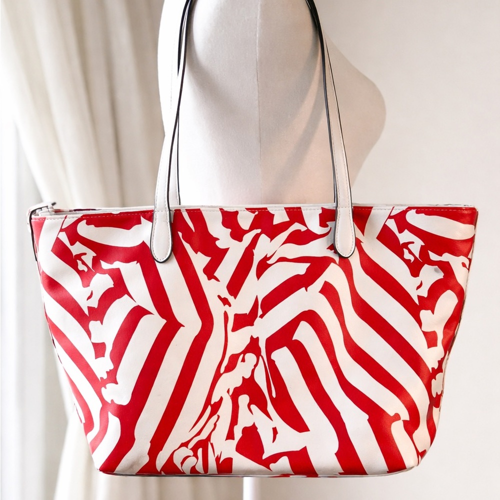 Christian Lacroix Red White Graphic Print Tote Shoulder Bag Large Zip Designer